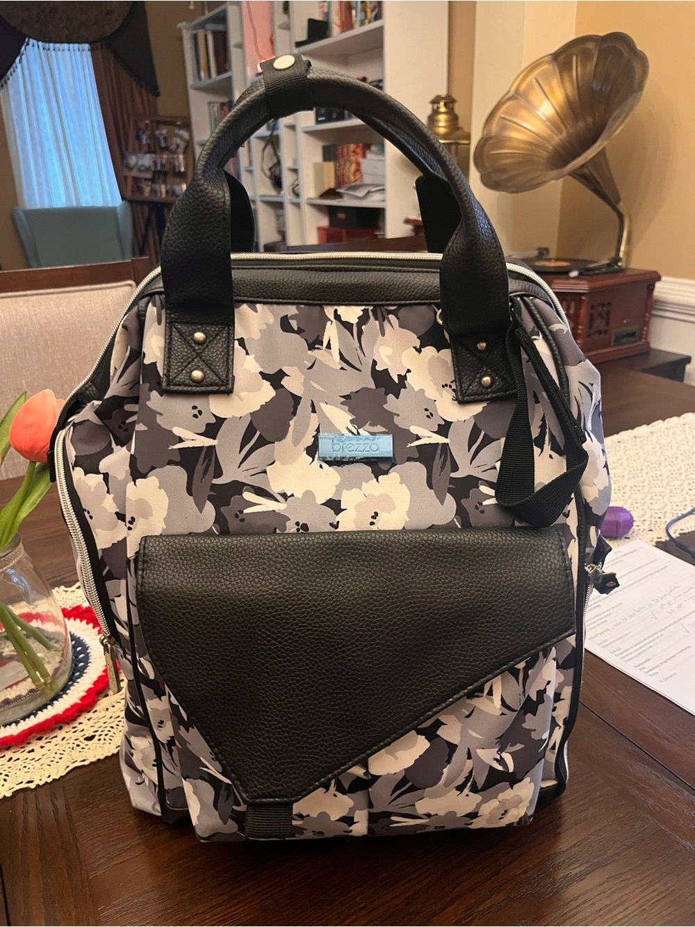 Brezza Diaper Black & Gray Floral Backpack Tote